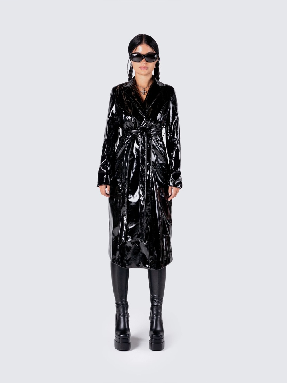 Black VEGAN LEATHER Trench Coat - Women's Stylish Long Coat Size L - Picture 1 of 4